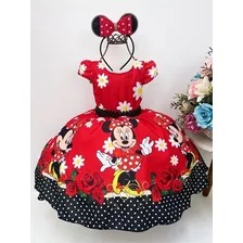 Vestido Infantil Minnie Vermelho Florido C/ Cinto De Pérolas