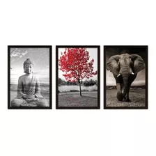 Quadro Decorativo Buda Elefante Árvore Da Vida Moldura Vidro