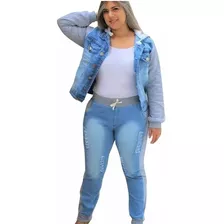 Conjunto De Calça Jeans Com Moletom Jaqueta Capuz Plus Size