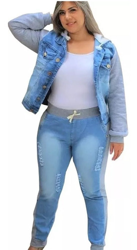 Conjunto De Calça Jeans Com Moletom Jaqueta Capuz Plus Size