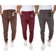 Kit 3 Calça Masculina Jeans Sarja Jogger Com Punho Elastico