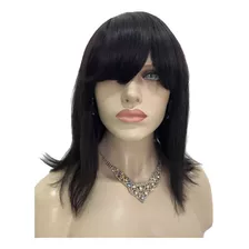 Peruca Humana Curta Preta Natural Lisa 32cm Com Franja Bob