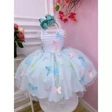 Vestido Infantil Branco Peito Plissado Saia Azul Borboletas