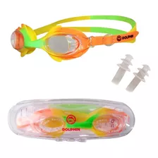 Antiparras Lentes Natación Estuche Tapones Niños Dolphin Color Amarillo-verde-naranja