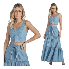 Conjunto Jeans Saia Longa E Cropped Tendência Lançamento 21