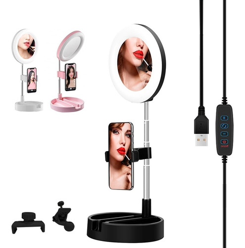 Espejo Selfie Porta Celular Luz Led Ring Light Usb Maquillaj
