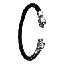 Pulsera Calaveras Plata 925 Piel Genuina Zirconias Ajustable