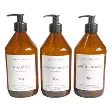 Set Dispenser Vidrio Ambar Shampoo-acondicionador Jabon Liq