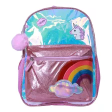 Mochila Escolar Holográfica Glitter Costa Unicórnio Infantil Cor Rosa Desenho Do Tecido Liso