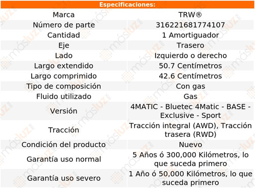 1- Amortiguador Gas Trasero Izq/der Ml350 Awd, Rwd 11/15 Trw Foto 2