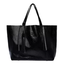 Bolsa Negra De Piel 100% Tote Shopper Grabado Vibora Negro