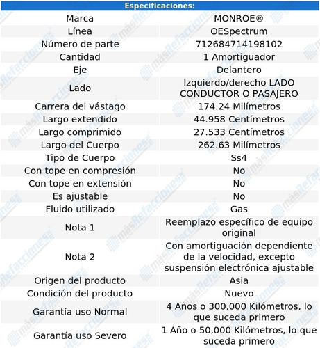 Amortiguador Oespectrum Gas Izq/der Del Allante 89-92 Monroe Foto 3