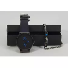 Reloj Shaarms De Metal Azul Correa Piel Sintetica + Pulsera