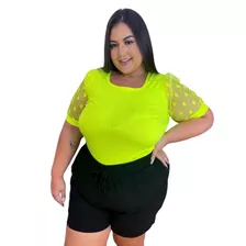 Blusa Feminina Plus Size Tule Blusinha Bolinha Manga Bufante