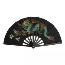 Abanico Negro Varillas Pvc 32 Cm Estampado Dragón Multicolor