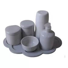 Kit Higiene Bebê Porcelana Branca 6 Pçs Bandeja Nuvem Cinza