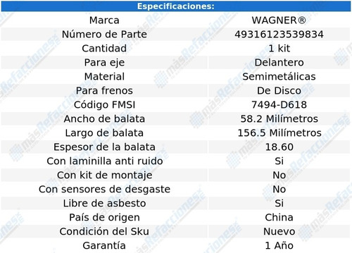 Kit De Balatas Semimetalicas Del Wagner 850 2.4l 93 Al 97 Foto 2