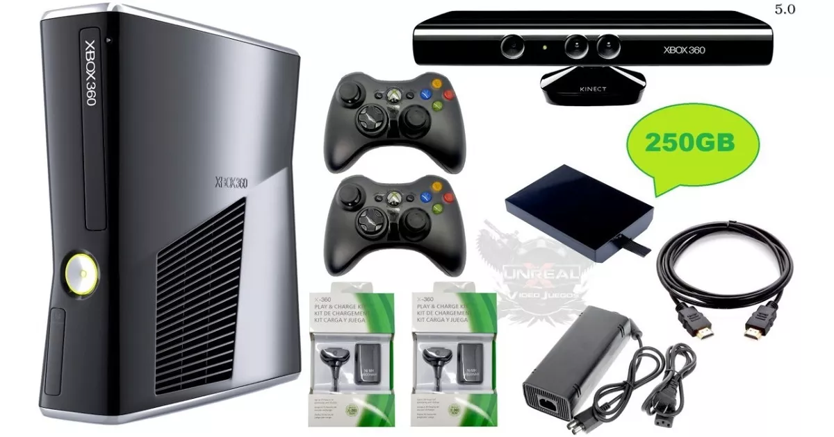 Xbox 360 Slim 5.0 + Disco Duro 250gb 100j+ Controles+ Kinect