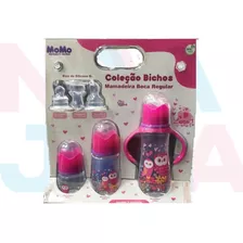 Kit De Mamadeira Momo De Silicone Orto Coruja Rosa