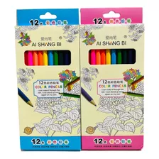 Lapices De Colores 12 Pcs, Para Colorear Rosado Y Azul 