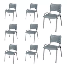 Kit 8 Cadeiras Iso Fixa Plástico Empilhavel Aço Tubo Cinza