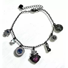 Pulseira Rodio Negro 7 Berloques Energia Positiva - Linda