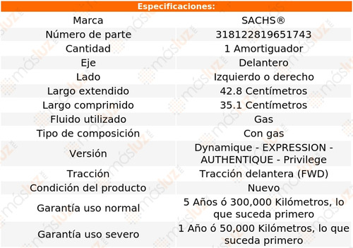 (1) Amortiguador Gas Del Izq/der Fluence L4 2.0l 11/17 Sachs Foto 2