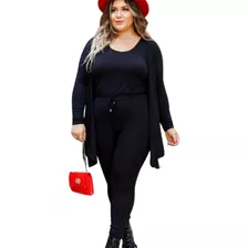 Conjunto Plus Size Calça C Bolso + Blusa + Casaco Cardigan 