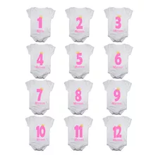 Kit Body Mesversario Números Rosa 12 Bodies De Bebê Sem Nome