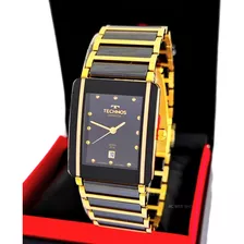 Relógio Technos Cerâmica Safira Preto E Dourado Fashion 