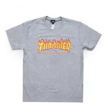 Camiseta Thrasher Flame Logo Cinza Mescla Original C/ Nf