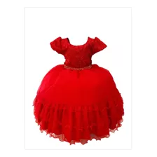 Vestido Infantil Vermelho C/ Renda Luxo E Cinto De Pérolas