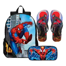 Kit Mochila Homem Aranha Escolar Infantil + Estojo + Chinelo