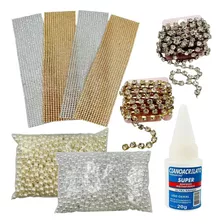 Kit Artesanato 5 Mts Strass 200g Pérola 4 Mantas De Strass