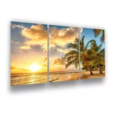 Quadro Mdf 3 Peças Praia Coqueiro Mar Por Do Sol 120x60 