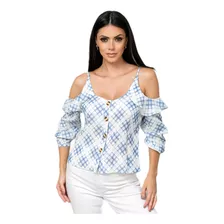 Camisa Blusa Feminina De Xadrez Vazio Ombro #1076