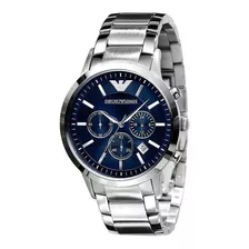 Relógio De Pulso Emporio Armani Ar2448 Com Corpo Prateado, Analógico, Para Masculino, Fundo Azul, Com Correia De Aço Inoxidável Cor Prateado, Agulhas Cor Prateado, Subdials De Cor Prateado, Subesfer