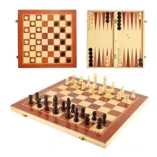 Ajedrez + Damas + Backgammon (3 En 1) Tablero 33x33 Cm