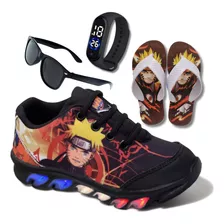 Tênis De Led Infantil Naruto Mais Chinelo + Relogio E Oculos