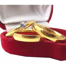 Par Aliança 4mm Noivado/casamento Lisa Cor De Ouro + Anel