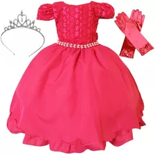 Vestido Infantil Rosa Curto Com Luva E Tiara Coroa Princesa Auroa Barbie - Daminha Formatura Batizado Aniversário