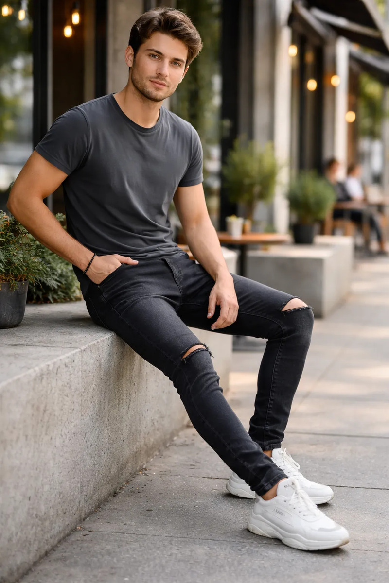 Jean Hombre Chupin Gris Con Roturas Slim Fit Elastizado Gris 46