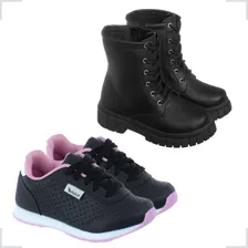 Kit 2 Pares Tênis Escolar Preto Rosa E Bota Coturno Preto