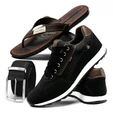 Sapatenis Jogging Masculino Casual Kit Tênis Chinelo Cinto