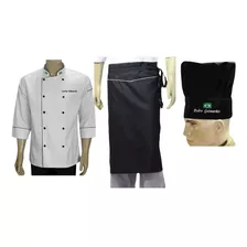 Kit Jaqueta Chef, Avental, Chapeu 3 Pçs Cozinheiro Gourmet