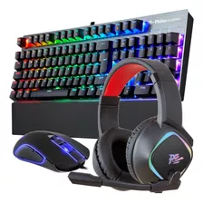 Kit Teclado Mecânico Rgb+mouse 2400dpi+headset Rgb Philco