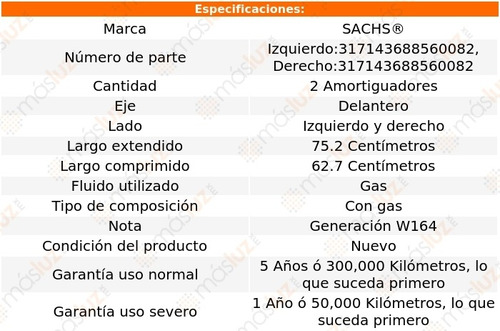 2- Amortiguadores Gas Delanteros Ml500 2006/2011 Sachs Foto 2