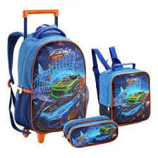 Kit Mochila De Rodinhas Estojo Lancheira Hot Wheels Carros