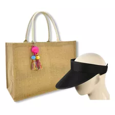 Bolsa Feminina De Praia + Viseira Palha Aba Grande -kit