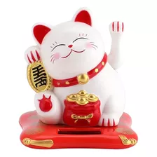 Gato Da Sorte E Fortuna Maneki Neko Decorativo Energia Solar Cor Branco E Vermelho